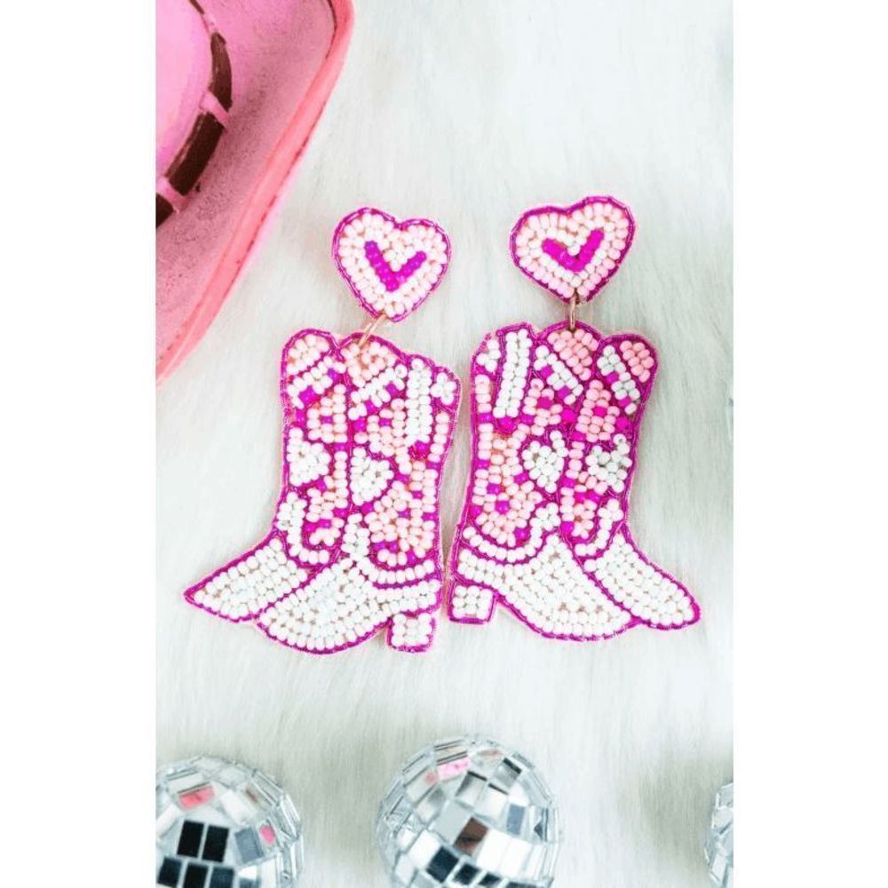 Pretty in Pink Cowgirl Boot Seed Bead Heart Earrings